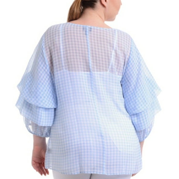 Worthington Swiss Blue and White Gingham Sheer Poet Sleeve Wrap Blouse - Picture 2 of 5